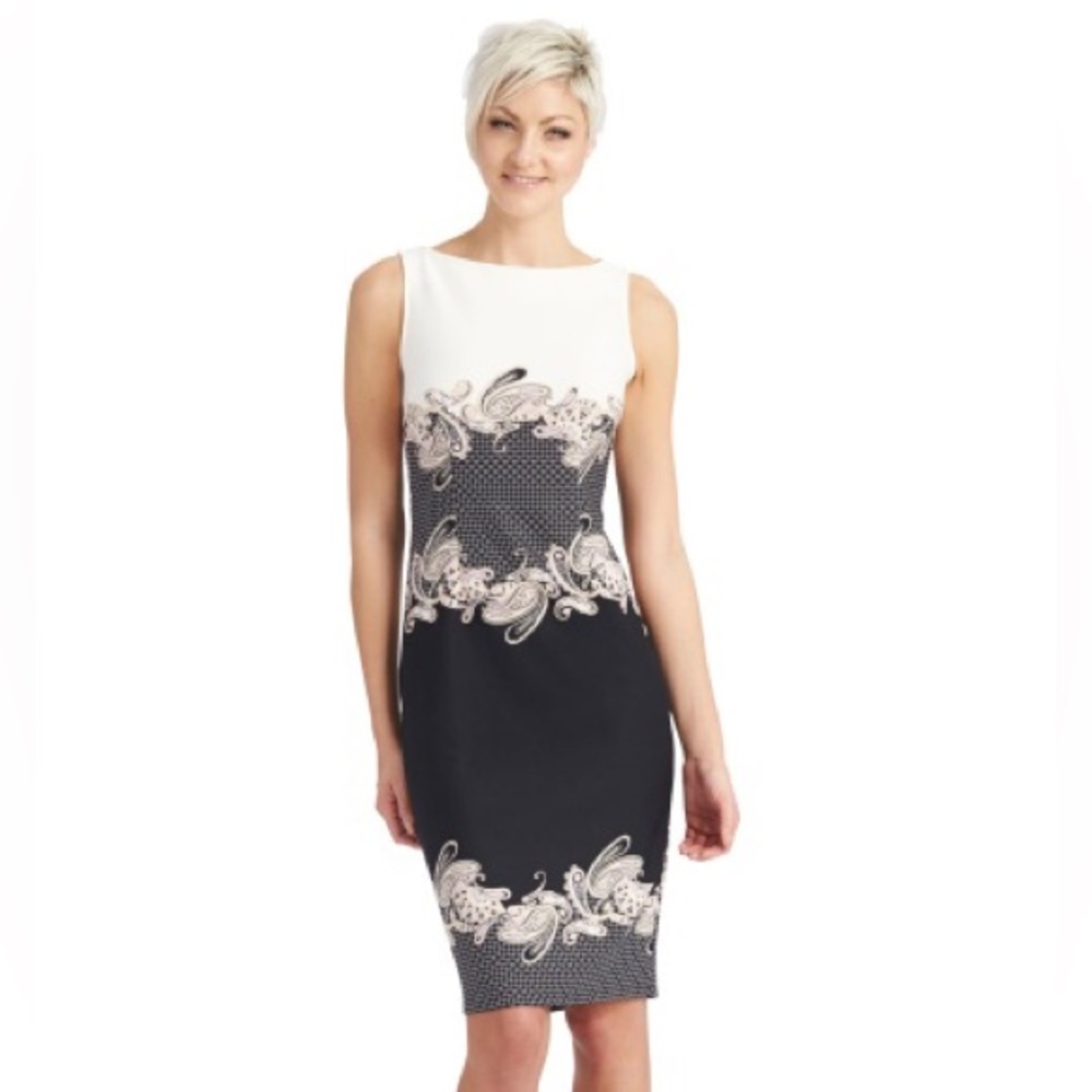 DONNA MORGAM, BLACK/TAN/WHITE SLEEVELESS DRESS 🤍🤍🤍🤍